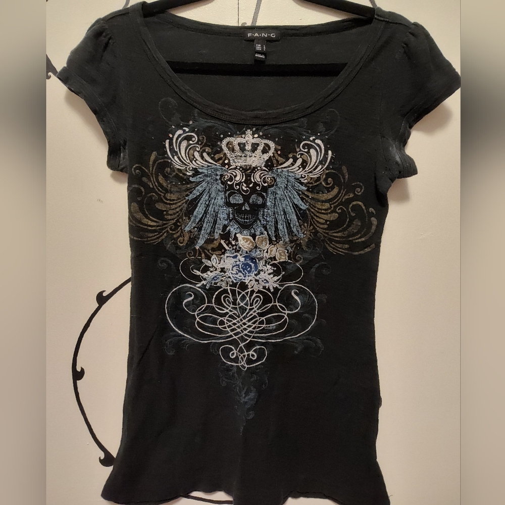 Black Tee with Silver and Blue Patterns with Skull